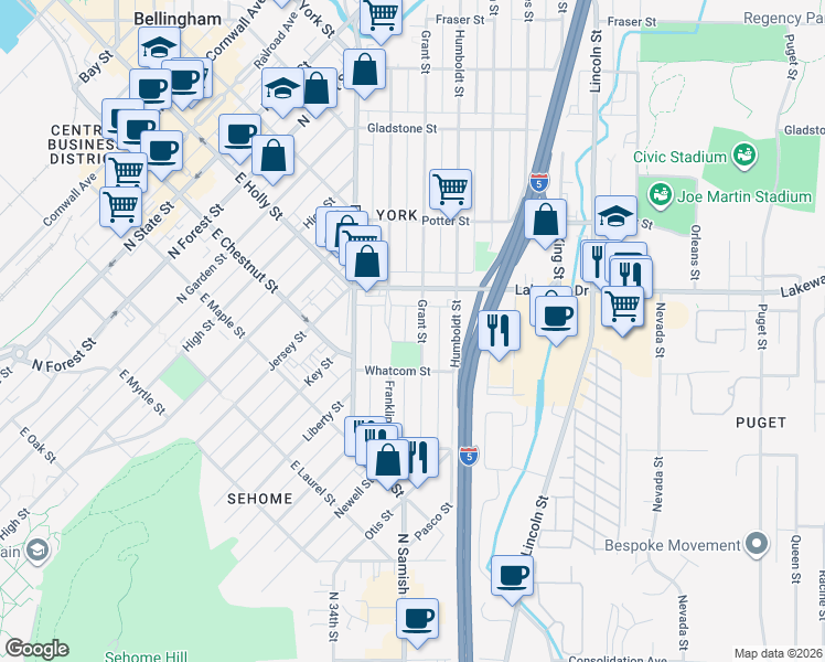 map of restaurants, bars, coffee shops, grocery stores, and more near 1232 Grant Street in Bellingham