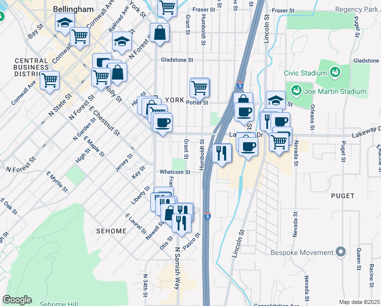 map of restaurants, bars, coffee shops, grocery stores, and more near 1232 Grant Street in Bellingham