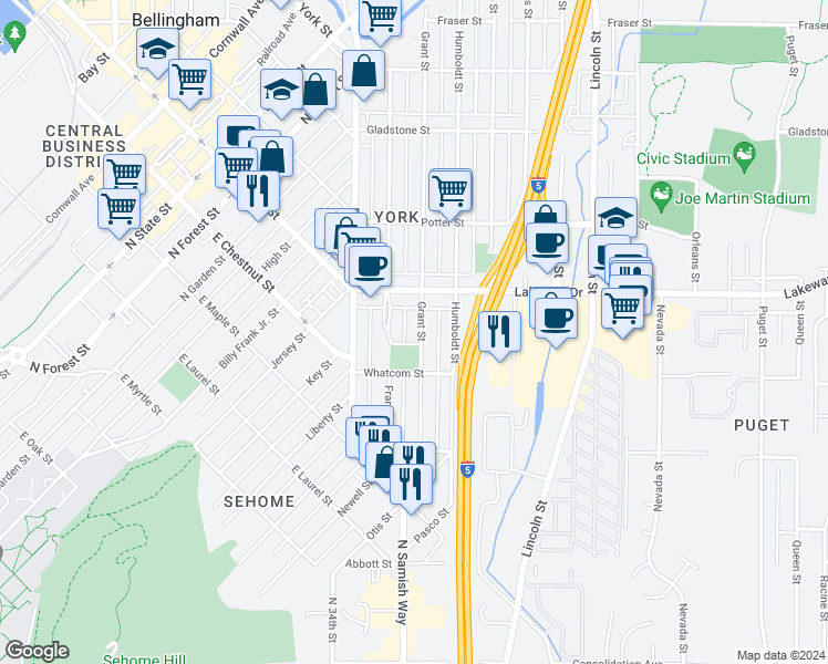 map of restaurants, bars, coffee shops, grocery stores, and more near 1233 Grant Street in Bellingham