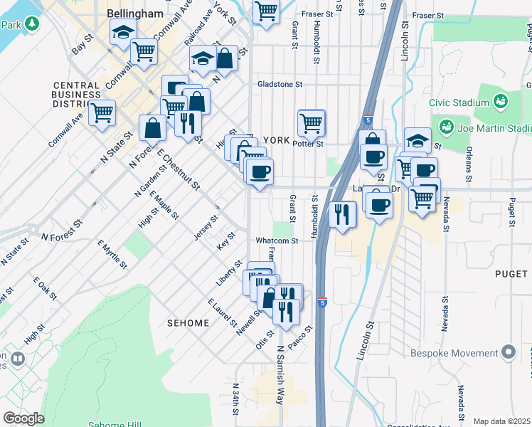 map of restaurants, bars, coffee shops, grocery stores, and more near 1233 Franklin Street in Bellingham