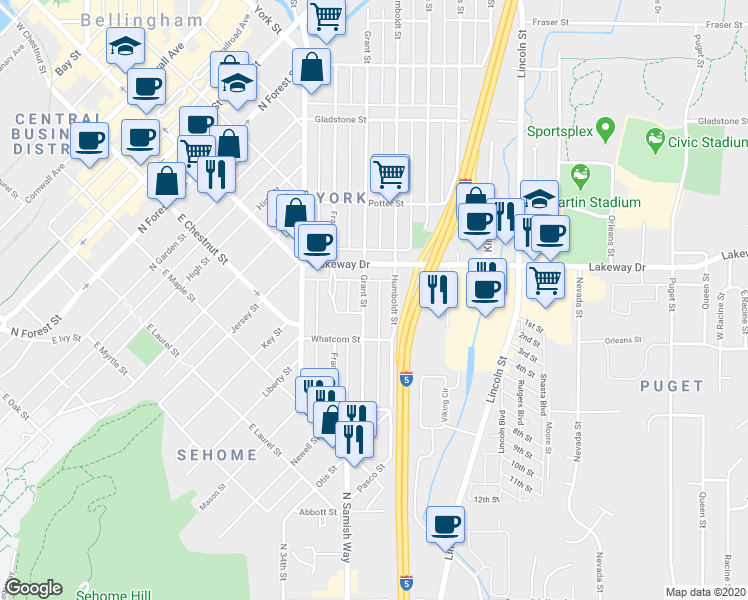 map of restaurants, bars, coffee shops, grocery stores, and more near 1232 Grant Street in Bellingham