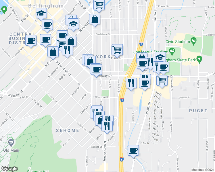 map of restaurants, bars, coffee shops, grocery stores, and more near 1232 Grant Street in Bellingham