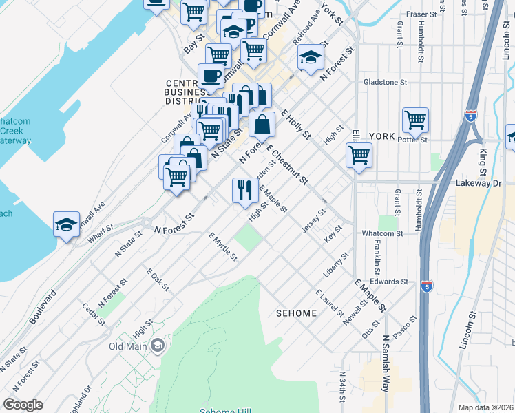 map of restaurants, bars, coffee shops, grocery stores, and more near 1015 High Street in Bellingham