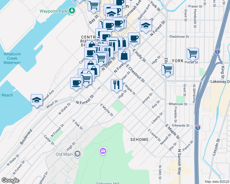 map of restaurants, bars, coffee shops, grocery stores, and more near 1000 North Garden Street in Bellingham