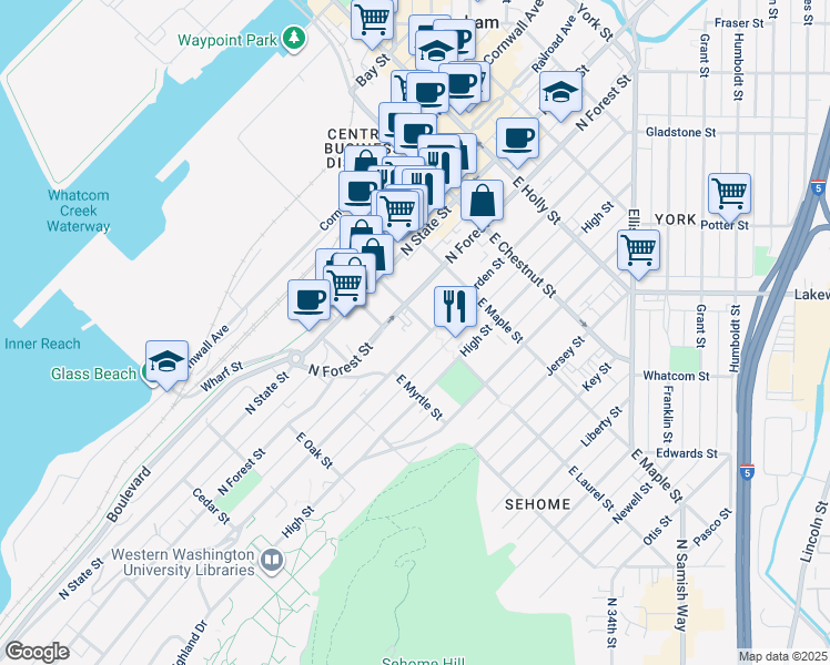 map of restaurants, bars, coffee shops, grocery stores, and more near 1000 North Garden Street in Bellingham