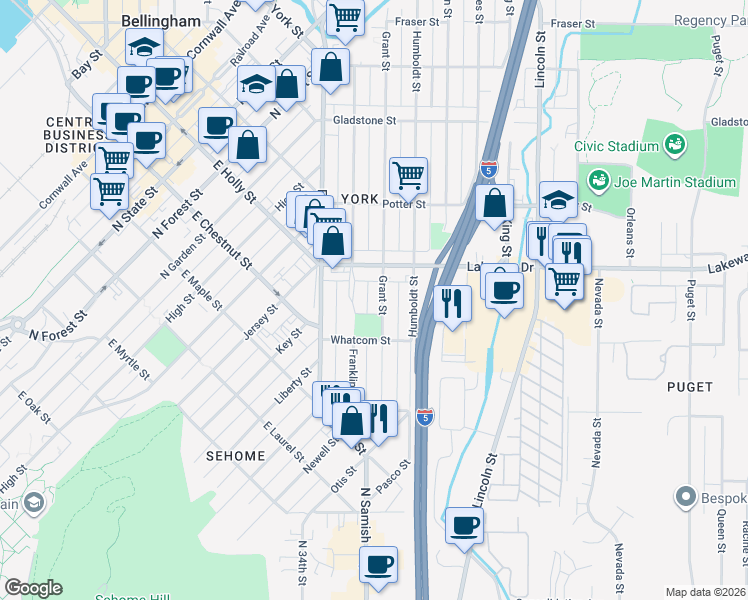map of restaurants, bars, coffee shops, grocery stores, and more near 1232 Grant Street in Bellingham