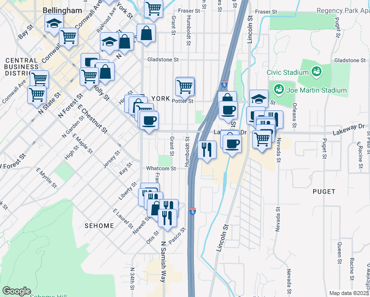 map of restaurants, bars, coffee shops, grocery stores, and more near 1235 Humboldt Street in Bellingham