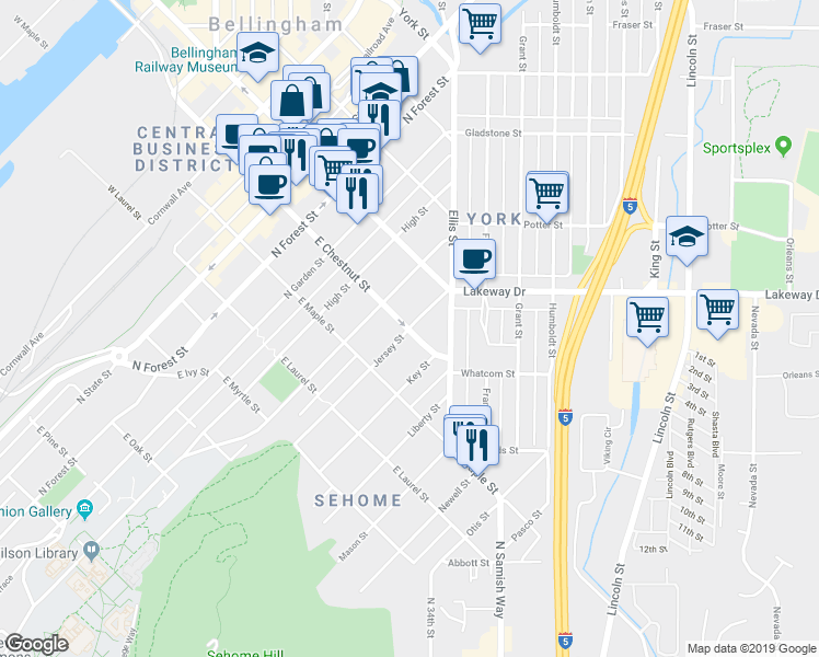 map of restaurants, bars, coffee shops, grocery stores, and more near East Chestnut Street & Jersey Street in Bellingham
