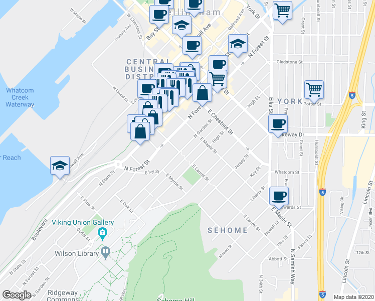 map of restaurants, bars, coffee shops, grocery stores, and more near 1000 North Garden Street in Bellingham