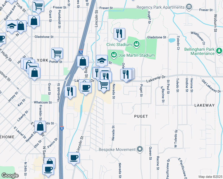map of restaurants, bars, coffee shops, grocery stores, and more near 1251 Nevada Street in Bellingham