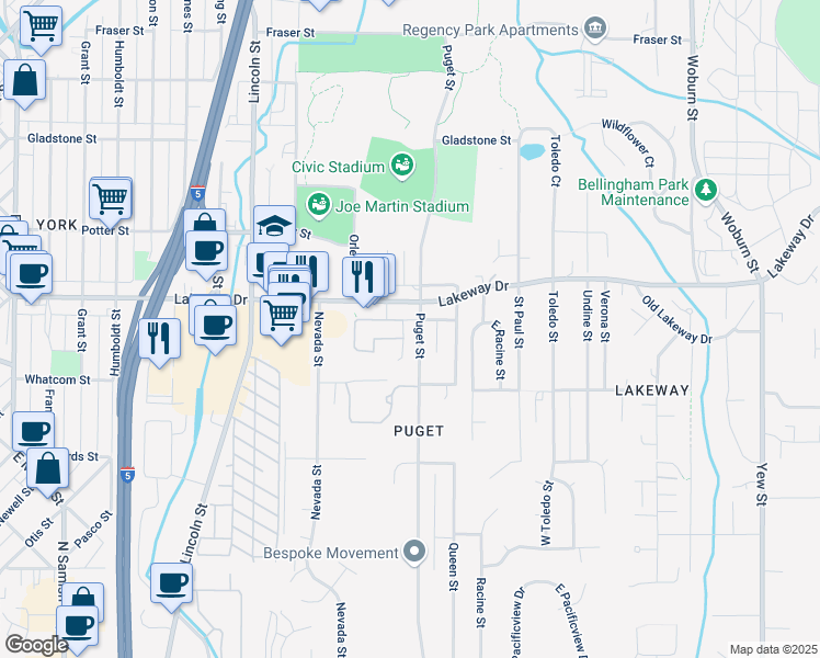 map of restaurants, bars, coffee shops, grocery stores, and more near 1320 Lakeway Drive in Bellingham