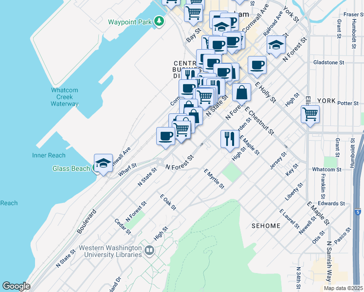 map of restaurants, bars, coffee shops, grocery stores, and more near 901 North Forest Street in Bellingham