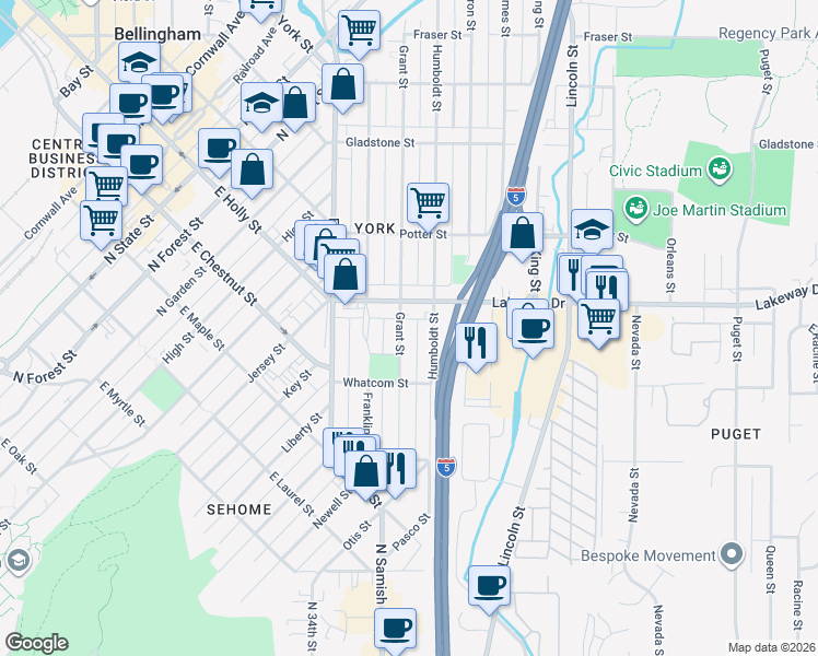 map of restaurants, bars, coffee shops, grocery stores, and more near 1232 Grant Street in Bellingham
