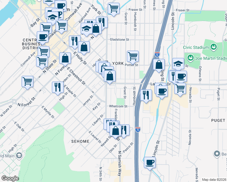 map of restaurants, bars, coffee shops, grocery stores, and more near 1233 Franklin Street in Bellingham
