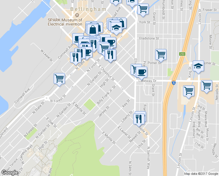 map of restaurants, bars, coffee shops, grocery stores, and more near 708 East Chestnut Street in Bellingham
