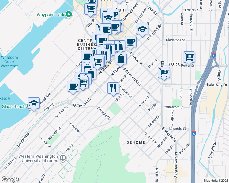 map of restaurants, bars, coffee shops, grocery stores, and more near 1014 North Garden Street in Bellingham