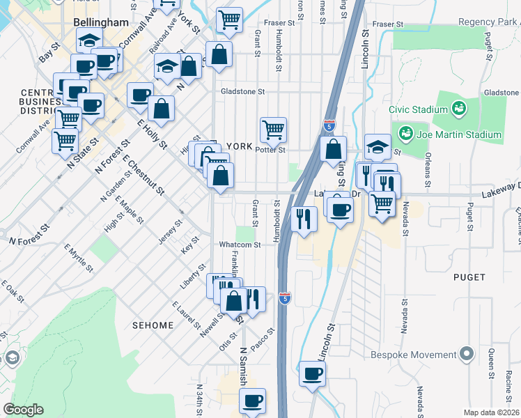map of restaurants, bars, coffee shops, grocery stores, and more near 1232 Grant Street in Bellingham