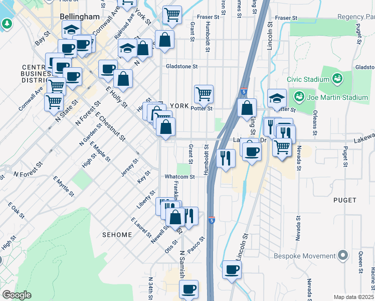 map of restaurants, bars, coffee shops, grocery stores, and more near 1232 Grant Street in Bellingham