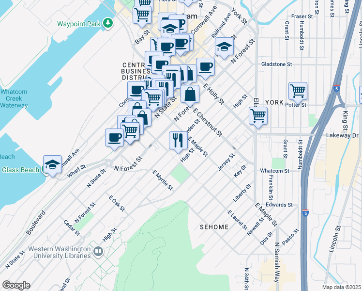 map of restaurants, bars, coffee shops, grocery stores, and more near 1015 High Street in Bellingham