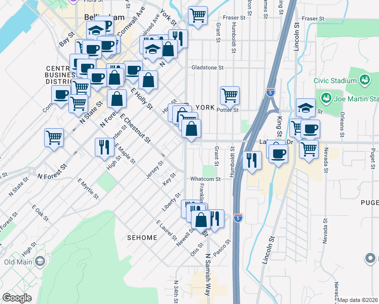 map of restaurants, bars, coffee shops, grocery stores, and more near in Bellingham