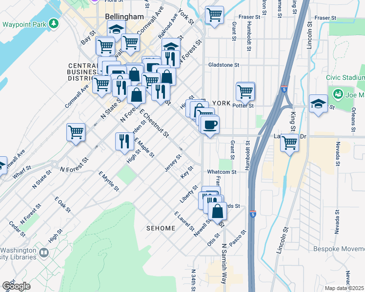 map of restaurants, bars, coffee shops, grocery stores, and more near 1129 Jersey Street in Bellingham