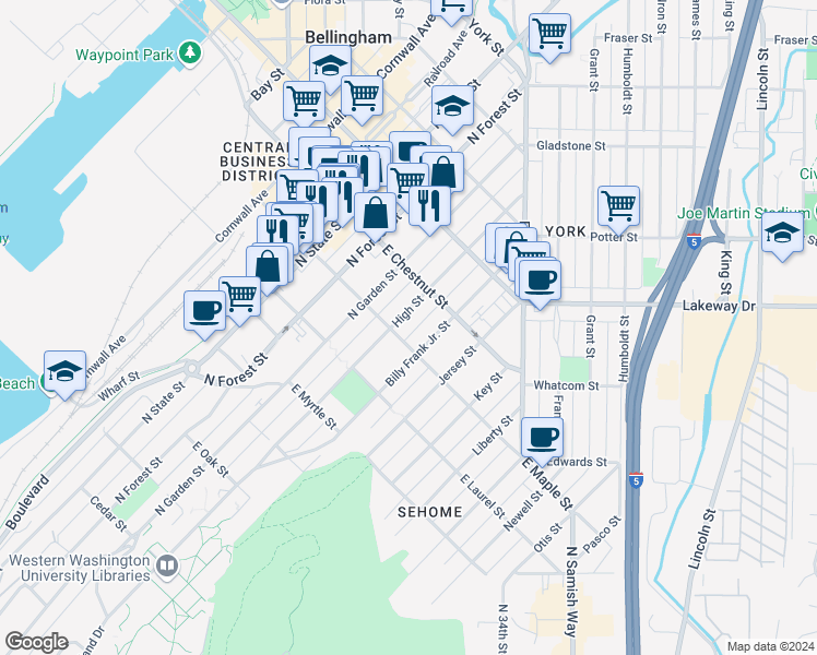 map of restaurants, bars, coffee shops, grocery stores, and more near 605 East Maple Street in Bellingham