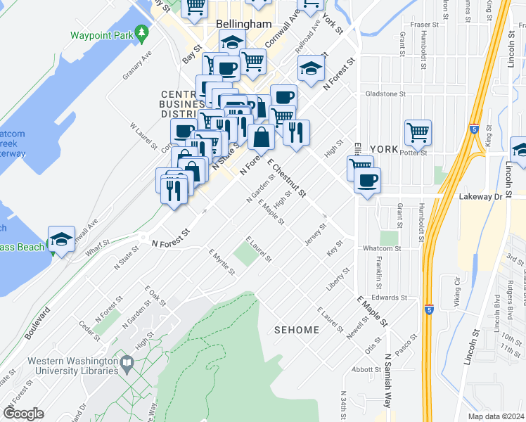map of restaurants, bars, coffee shops, grocery stores, and more near 1015 High Street in Bellingham