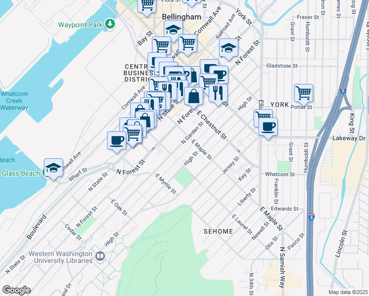 map of restaurants, bars, coffee shops, grocery stores, and more near 1015 High Street in Bellingham
