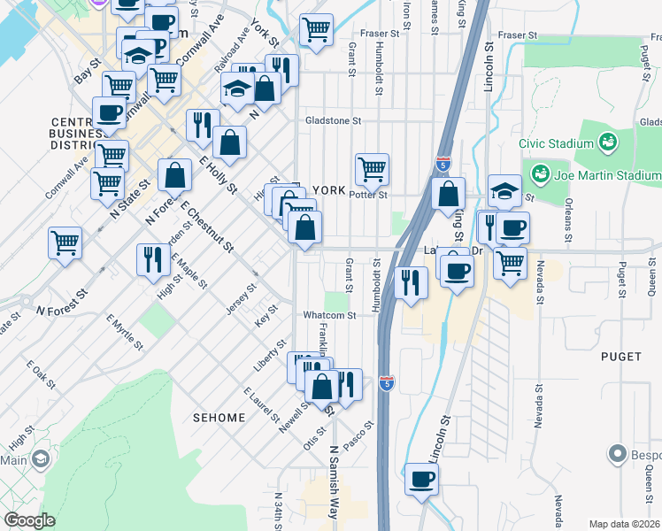 map of restaurants, bars, coffee shops, grocery stores, and more near 1233 Franklin Street in Bellingham