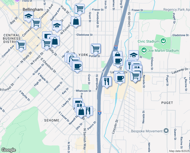 map of restaurants, bars, coffee shops, grocery stores, and more near 1235 Humboldt Street in Bellingham
