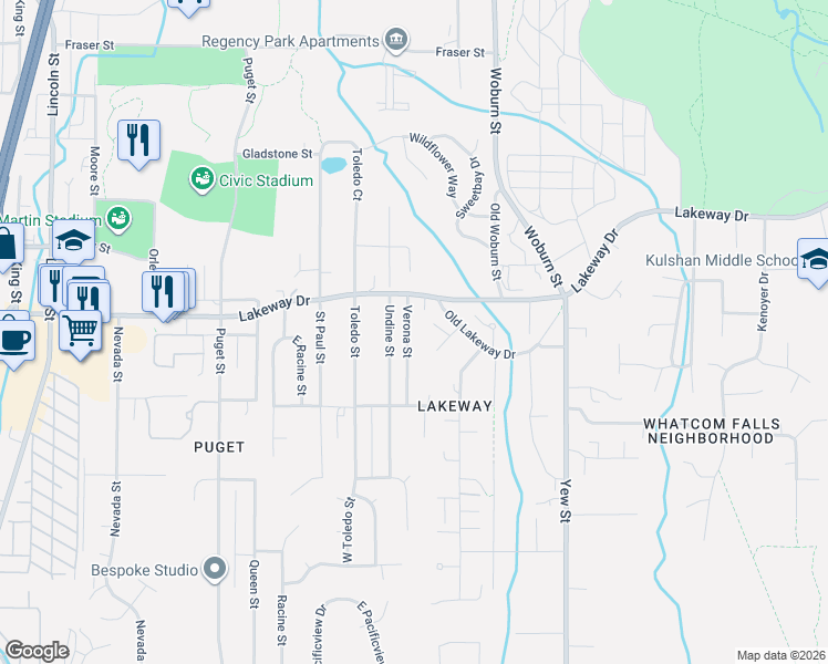 map of restaurants, bars, coffee shops, grocery stores, and more near 1201 Powell Street in Bellingham
