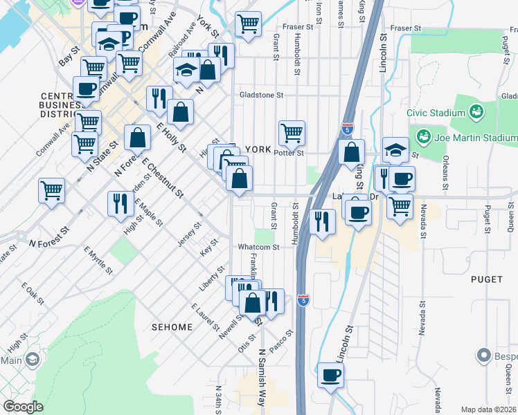 map of restaurants, bars, coffee shops, grocery stores, and more near 1233 Franklin Street in Bellingham