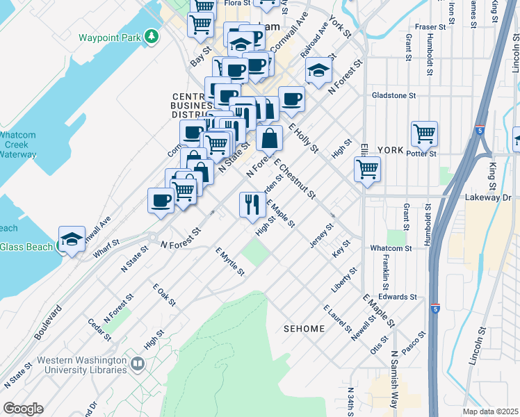map of restaurants, bars, coffee shops, grocery stores, and more near 1015 High Street in Bellingham