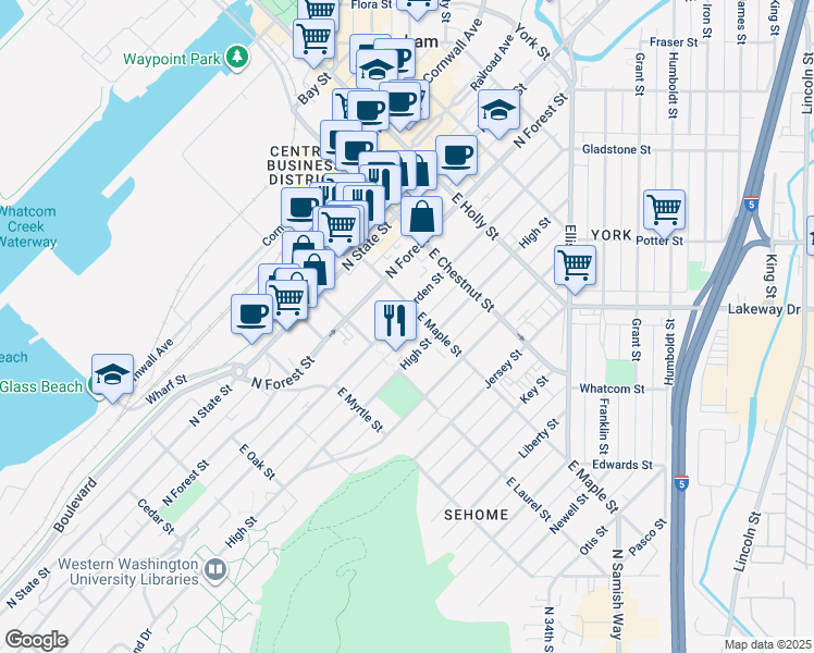 map of restaurants, bars, coffee shops, grocery stores, and more near 1015 High Street in Bellingham