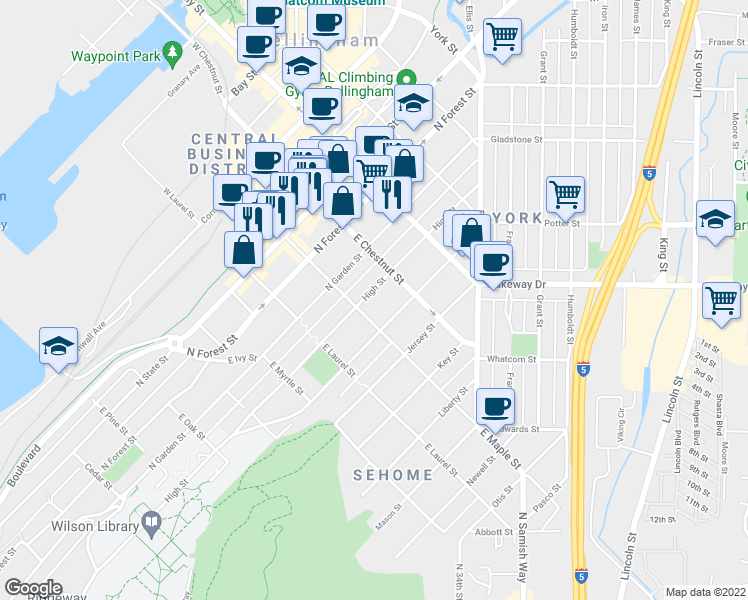 map of restaurants, bars, coffee shops, grocery stores, and more near 1108 High Street in Bellingham