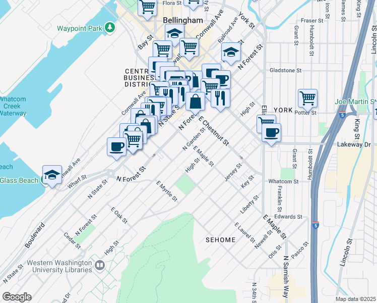 map of restaurants, bars, coffee shops, grocery stores, and more near 1020 North Garden Street in Bellingham