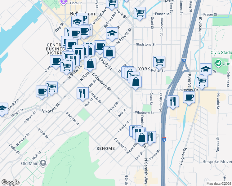 map of restaurants, bars, coffee shops, grocery stores, and more near 1129 Jersey Street in Bellingham