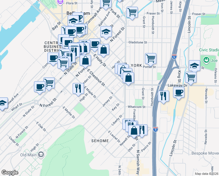 map of restaurants, bars, coffee shops, grocery stores, and more near 1129 Jersey Street in Bellingham