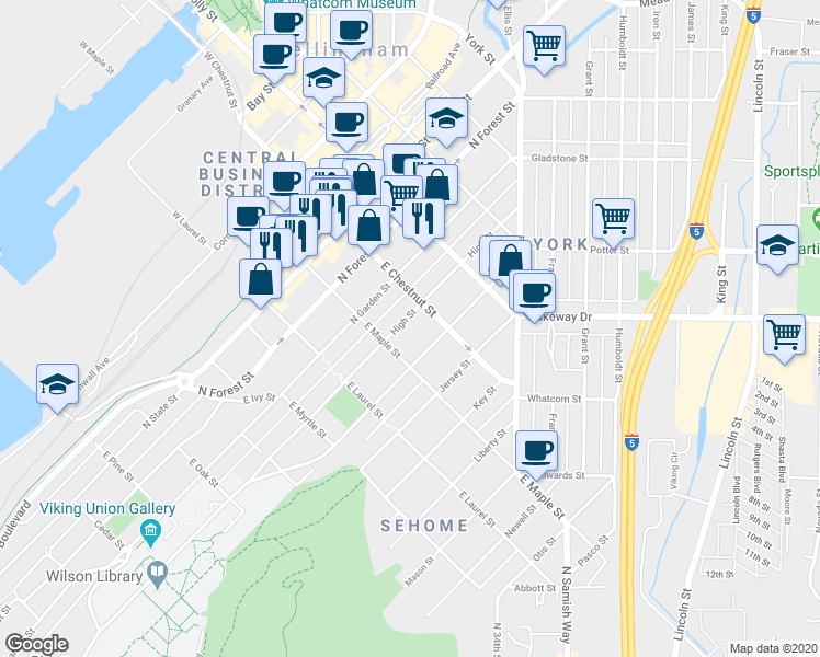 map of restaurants, bars, coffee shops, grocery stores, and more near 605 East Maple Street in Bellingham