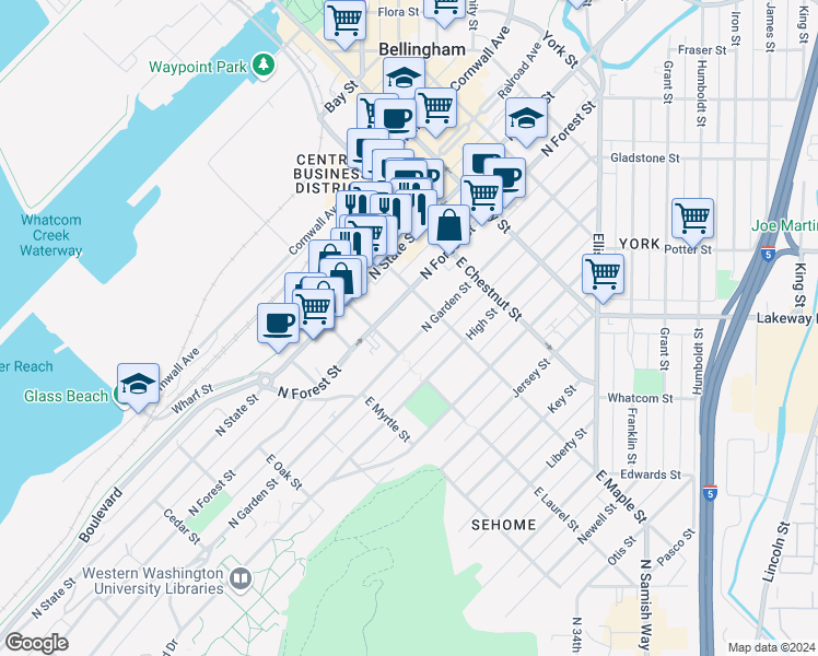 map of restaurants, bars, coffee shops, grocery stores, and more near 1000 North Garden Street in Bellingham