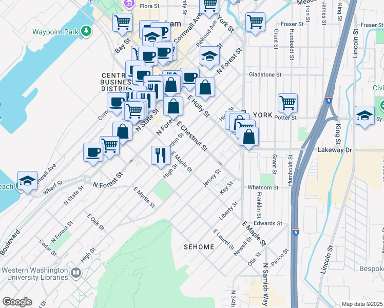 map of restaurants, bars, coffee shops, grocery stores, and more near 1114 High Street in Bellingham