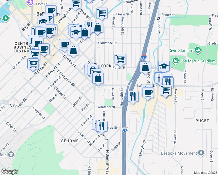 map of restaurants, bars, coffee shops, grocery stores, and more near 1310 Grant Street in Bellingham
