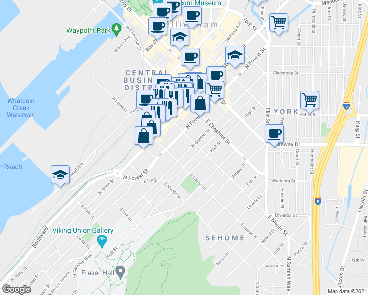 map of restaurants, bars, coffee shops, grocery stores, and more near 1021 North Forest Street in Bellingham