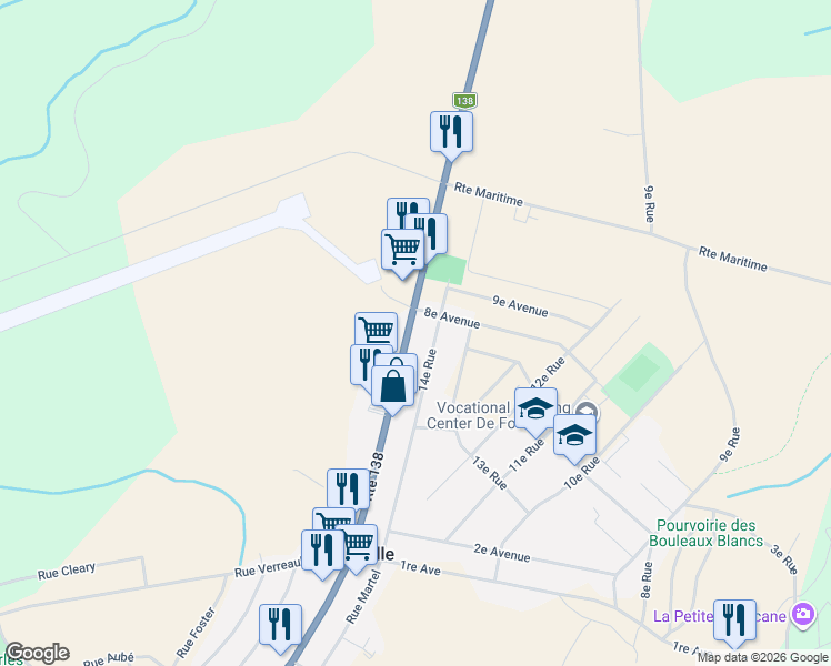 map of restaurants, bars, coffee shops, grocery stores, and more near 34 Route 138 in Forestville