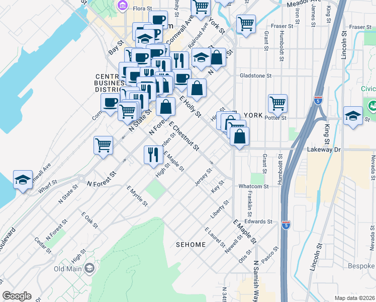 map of restaurants, bars, coffee shops, grocery stores, and more near 1206 High Street in Bellingham