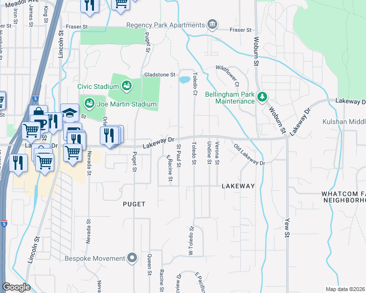 map of restaurants, bars, coffee shops, grocery stores, and more near 1807 Lakeway Drive in Bellingham