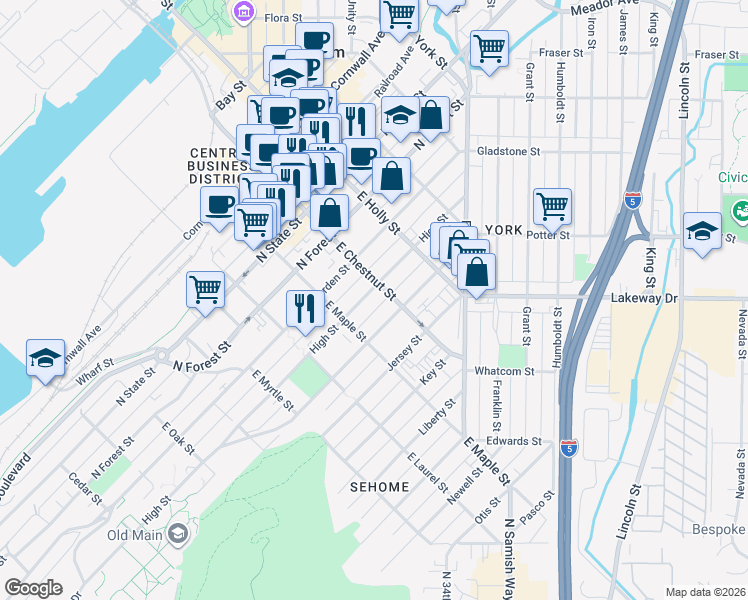 map of restaurants, bars, coffee shops, grocery stores, and more near 1206 High Street in Bellingham