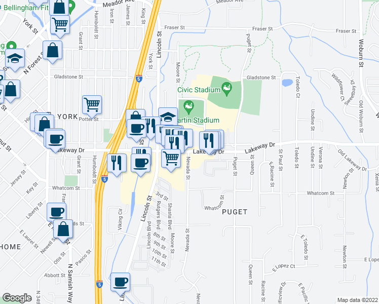map of restaurants, bars, coffee shops, grocery stores, and more near Lakeway Dr & Nevada St in Bellingham