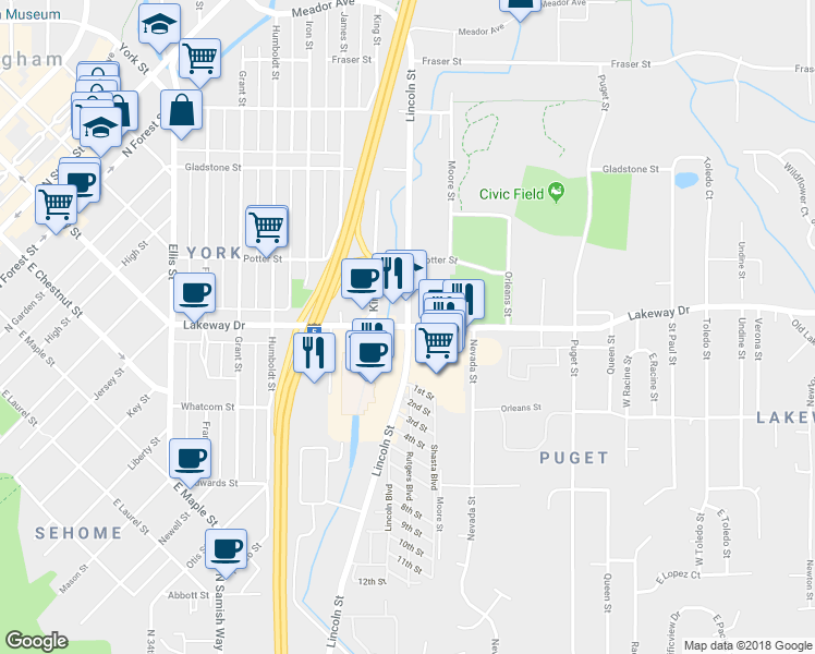 map of restaurants, bars, coffee shops, grocery stores, and more near Lakeway Dr & Lincoln St in Bellingham