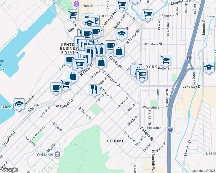 map of restaurants, bars, coffee shops, grocery stores, and more near 1124 North Garden Street in Bellingham